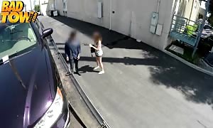 redhead youngster is sucking shaft of a driver on her knees in order to keep away from
 the good
