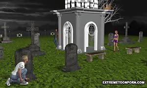 3D babe gets Double Penetration in a Graveyard