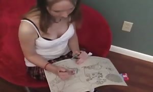youngster disciplines coloring e book and tugs his dick