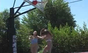 young women get bareback bare naked and grope each other on outdoor basketball court
